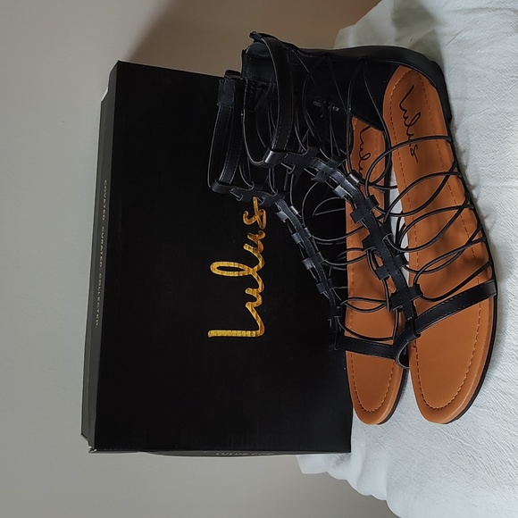 Lulus Shoes - EUC! Lulu’s Jora Black Gladiator Sandals Vegan Heel Zipper Orig Box Size 9